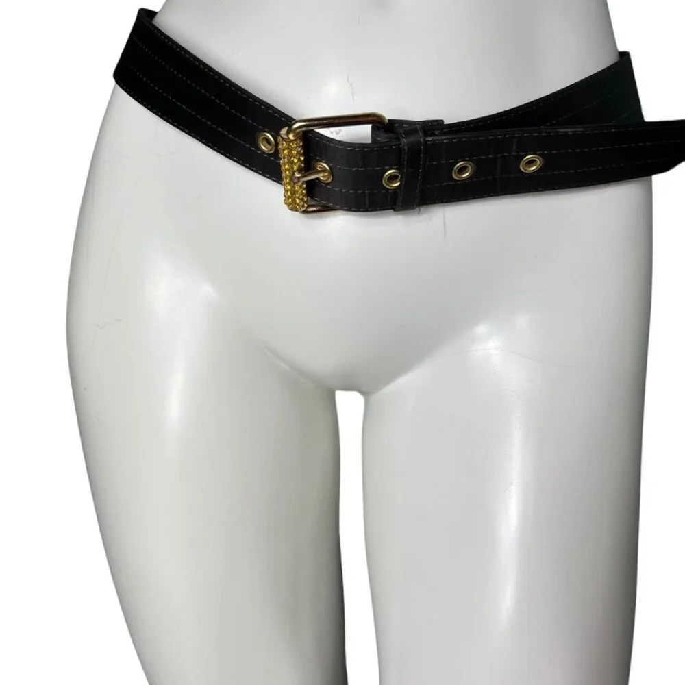 Gap Satin Brown Belt Yellow Bedazzles on Goldtone Buckle Stitch Detail Tiny Flaw